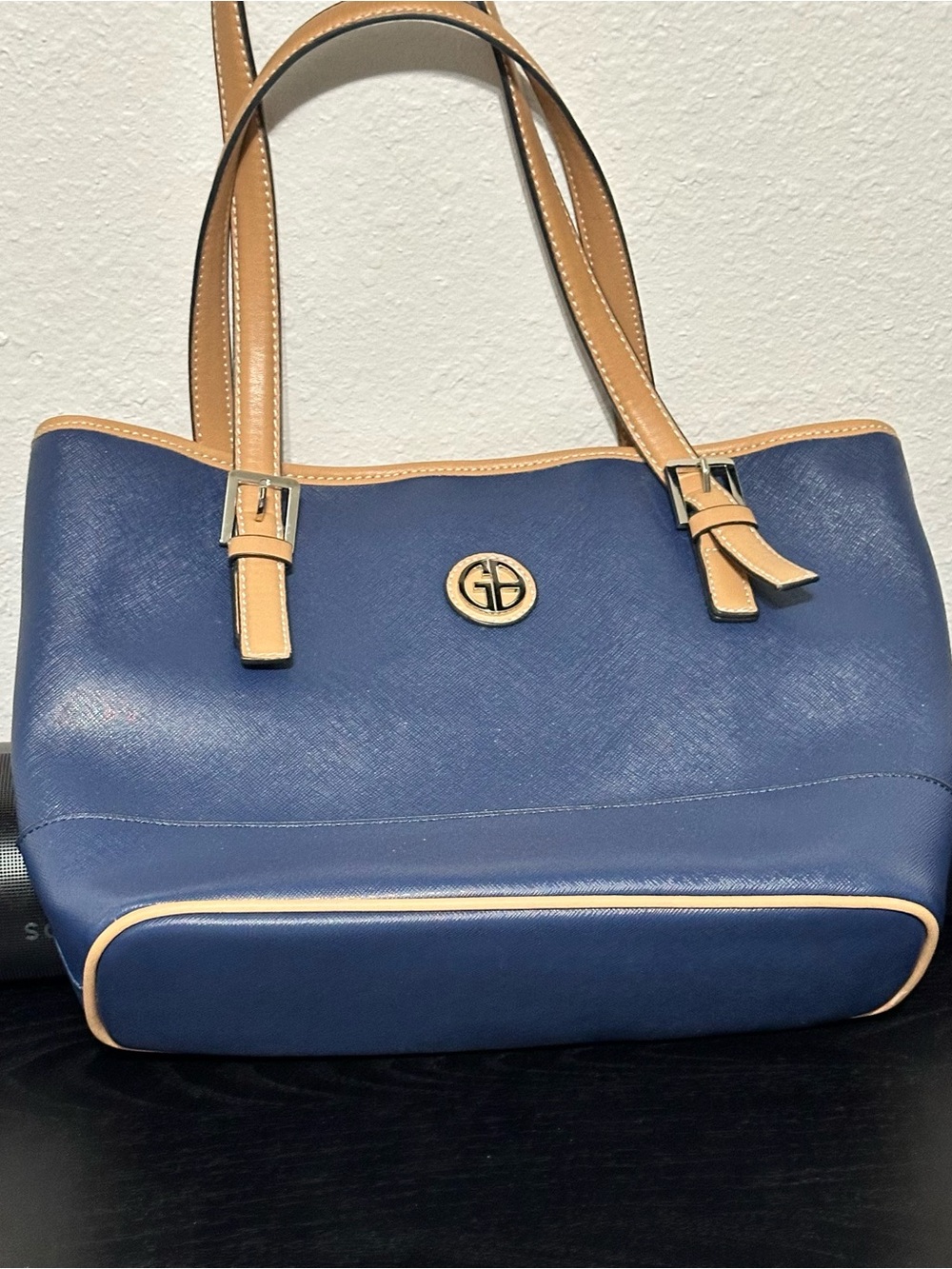 Giani Bernini Navy and Tan Saffiano Tote with Gold GB Emblem